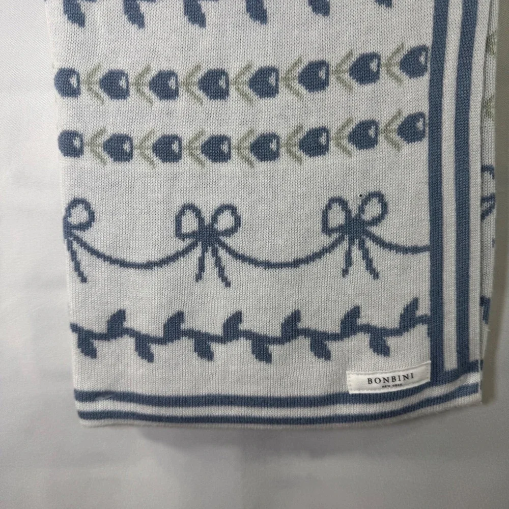 BONBINI New York Cotton Bamboo Baby Blanket‎ Blue Floral Bow Knit 0-6 Months